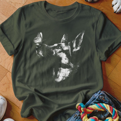 Dark green t-shirt featuring a white sketch of a German Shepherd with a butterfly on its nose.