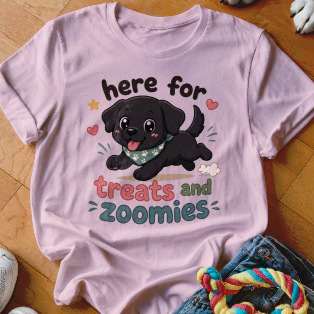 Pink t-shirt with cartoon black puppy, hearts, and text "here for treats and zoomies."