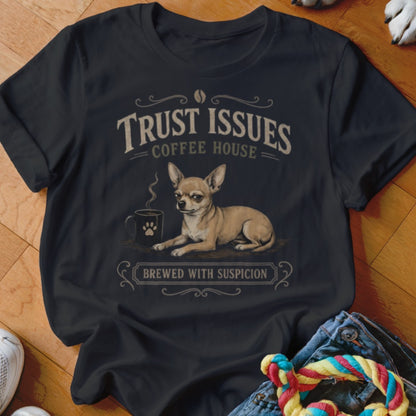 T-shirt with "Trust Issues Coffee House" text, a chihuahua, and a coffee cup.