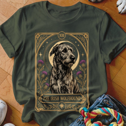 Dark green t-shirt featuring a tarot card style graphic of an Irish Wolfhound with thistle flowers.