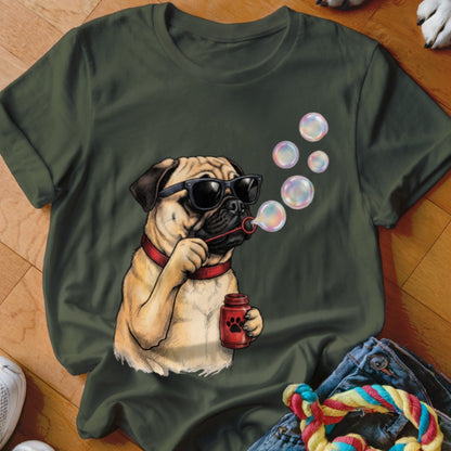 Dark green crewneck t-shirt featuring an illustration of a pug wearing sunglasses and blowing soap bubbles.