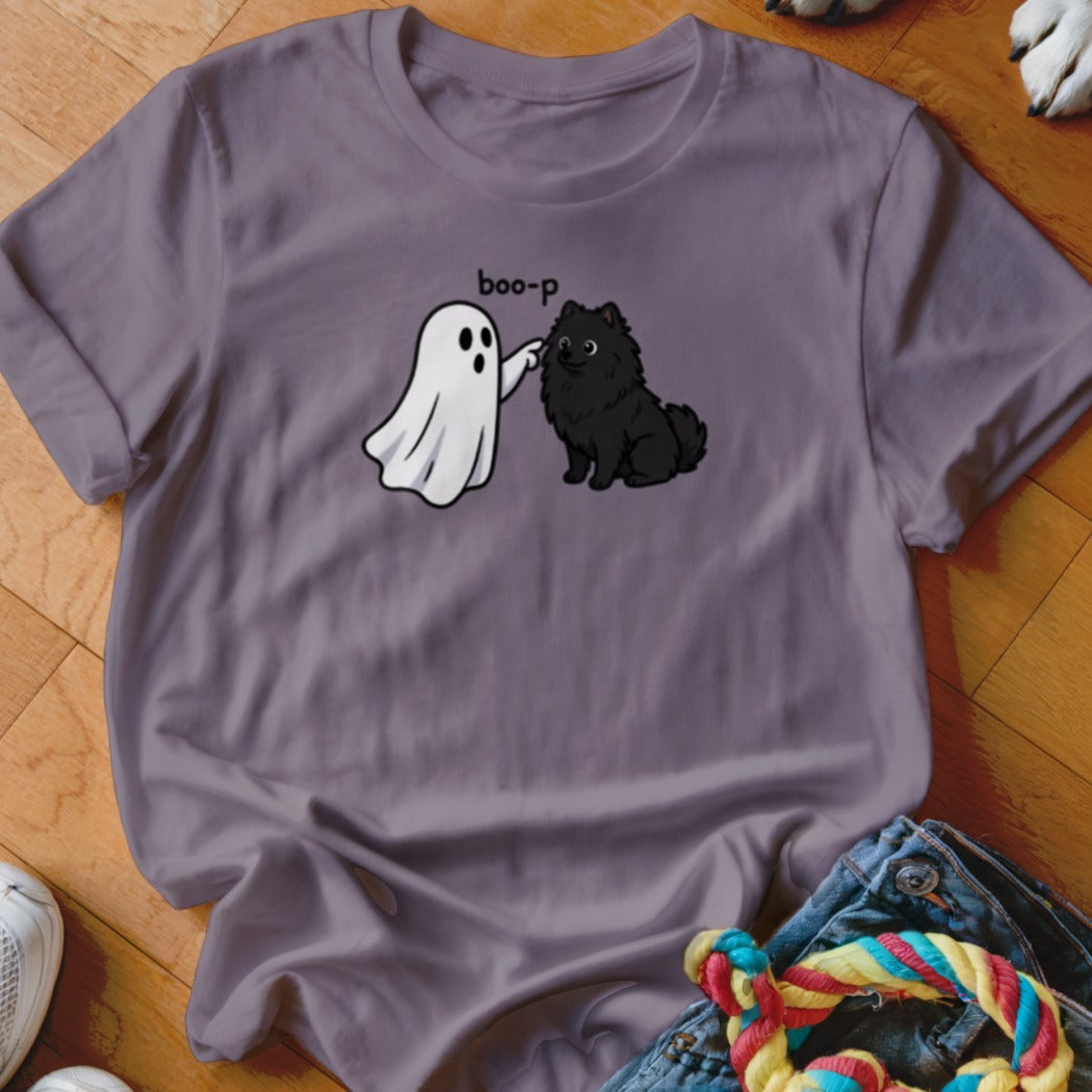 T-shirt with cartoon ghost booping black dog with text "boo-p".