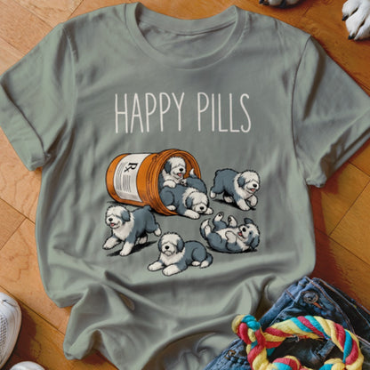 Gray t-shirt with cartoon Old English Sheepdogs spilling from a pill bottle, text reads "HAPPY PILLS".