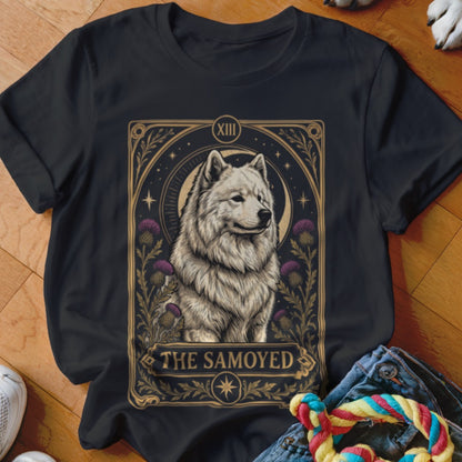 Black t-shirt featuring a tarot card graphic of a Samoyed dog surrounded by thistles.