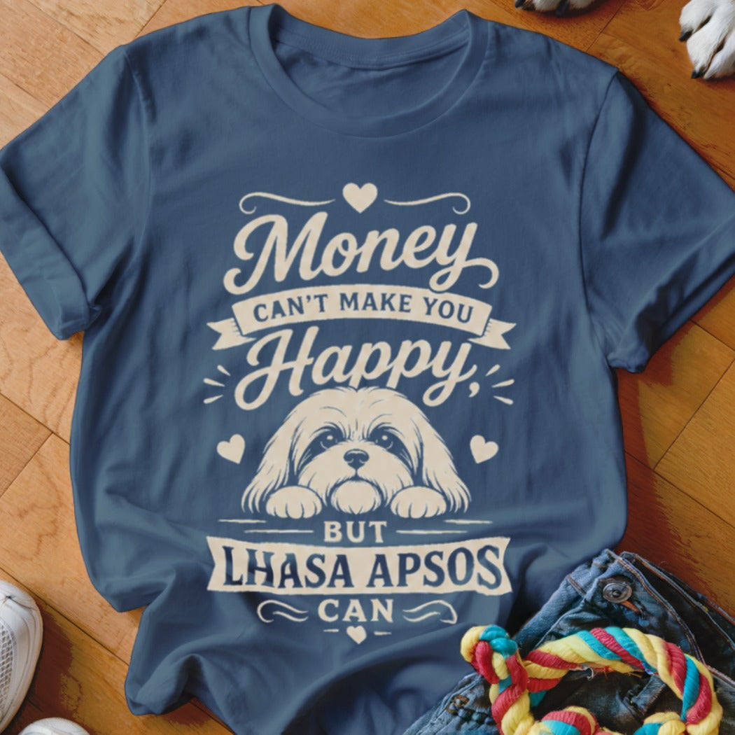 Navy t-shirt with "Money Can't Make You Happy, But Lhasa Apsos Can" and a dog graphic.