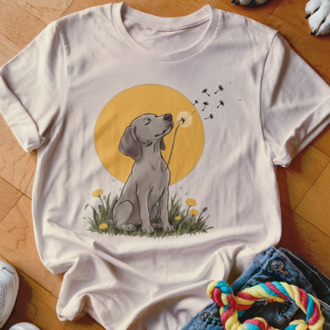 A cream crewneck t-shirt featuring a graphic of a grey dog blowing dandelion seeds against a yellow circle.