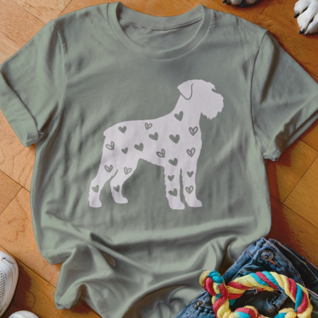 Light gray t-shirt with a white silhouette of a dog filled with small hearts.