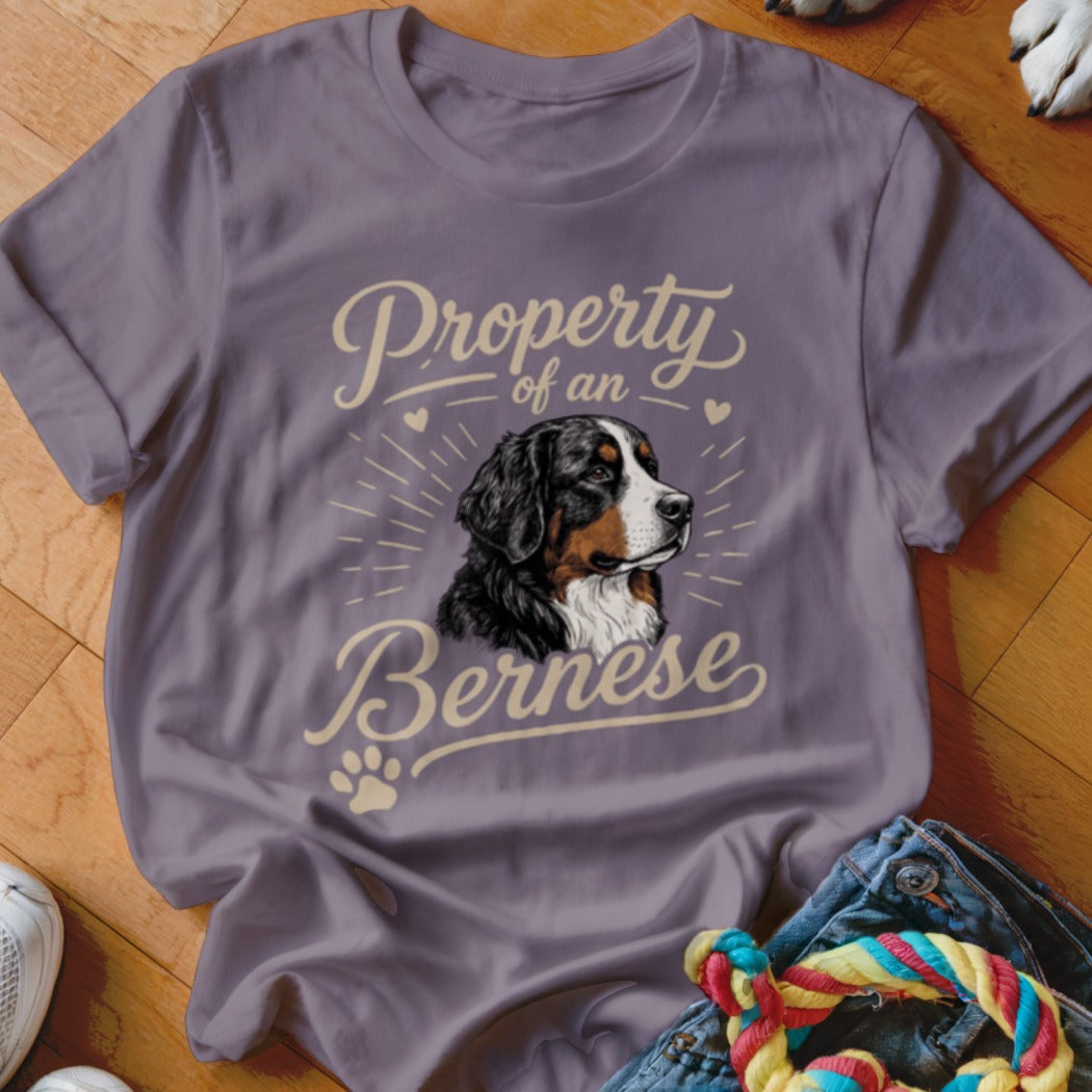 Purple t-shirt with a graphic of a Bernese Mountain Dog and the text Property of a Bernese.