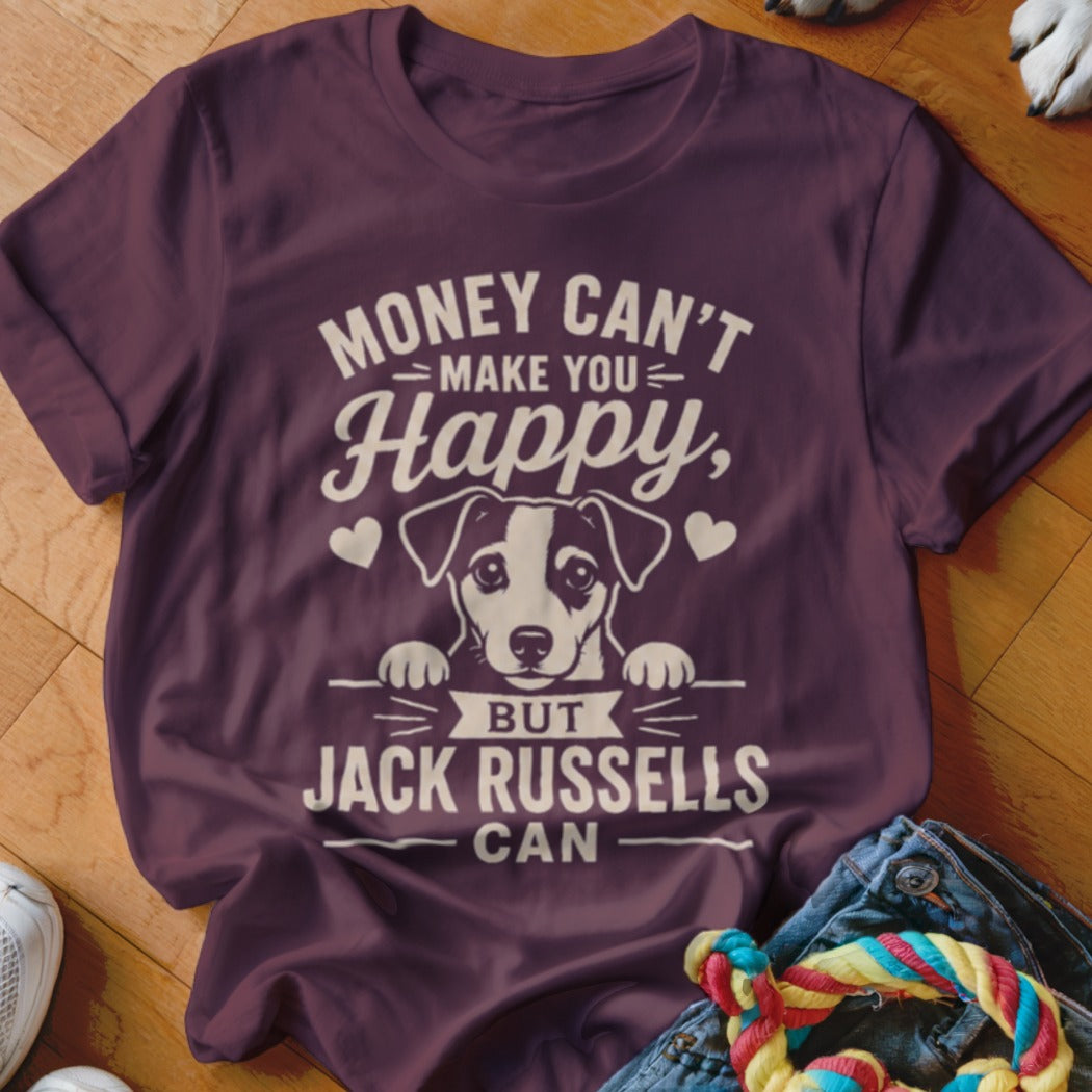 Plum t-shirt with white text and Jack Russell dog graphic: "Money Can't Make You Happy, But Jack Russells Can."