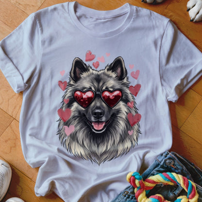 A white t-shirt featuring a graphic of a gray dog wearing heart-shaped sunglasses, surrounded by pink hearts.