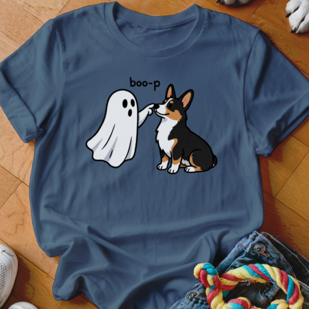 Cartoon ghost boops a corgi dog with the word "boo-p" above.