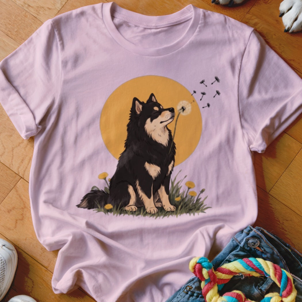 Light pink crewneck t-shirt featuring an illustration of a black and tan dog blowing dandelion seeds.
