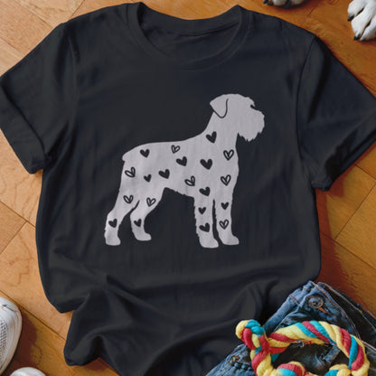Black t-shirt with a silver schnauzer silhouette filled with black hearts.