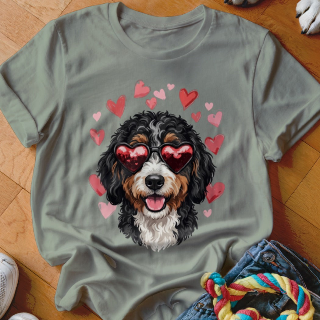 A sage green crewneck t-shirt featuring a graphic of a Bernedoodle wearing heart-shaped sunglasses surrounded by pink and red hearts.
