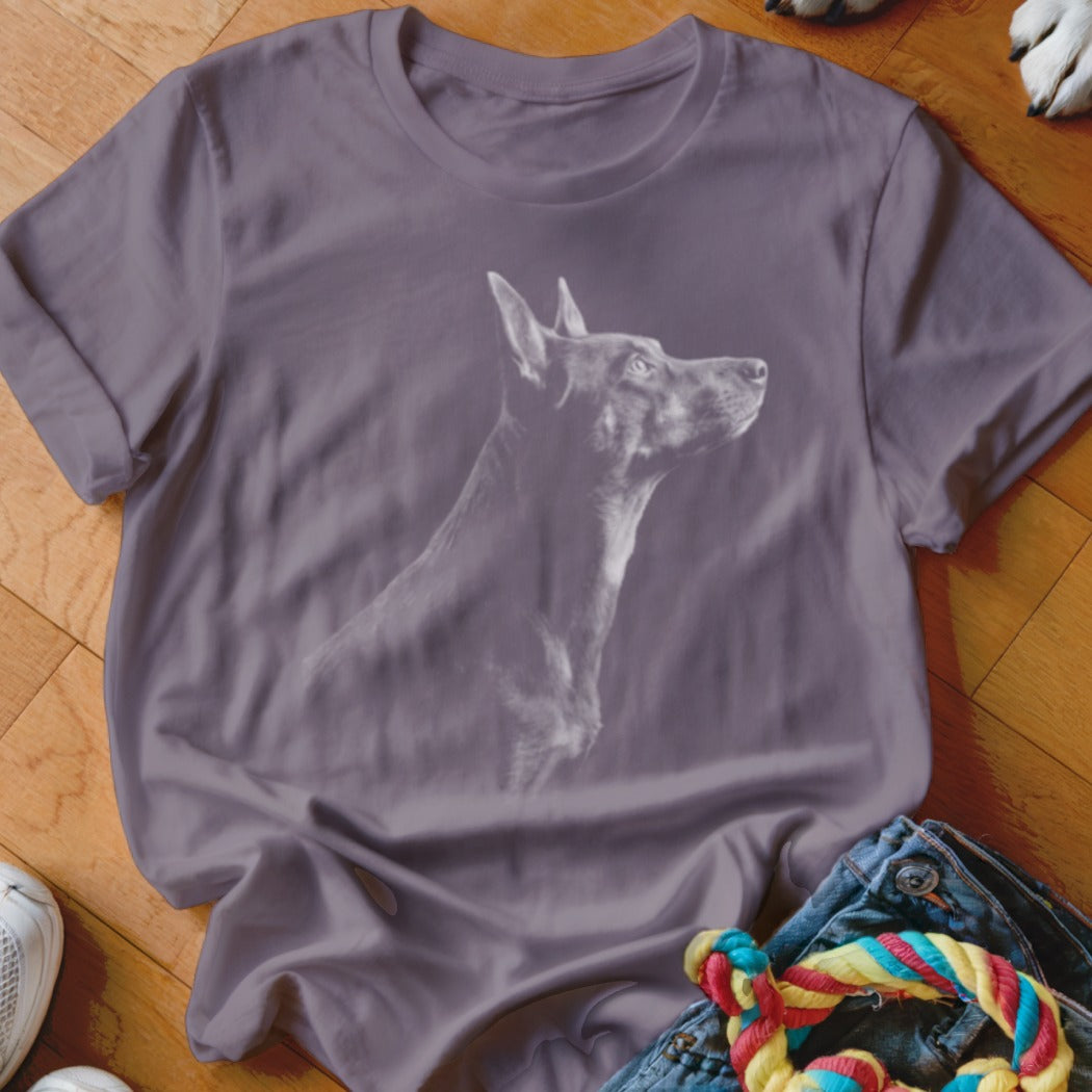 Gray t-shirt with a white outline graphic of a Doberman looking to the right.