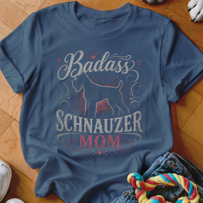 Dark blue t-shirt with "Badass SCHNAUZER MOM" text and silhouette.