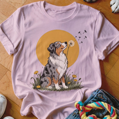 Pink t-shirt featuring a graphic of a merle Australian Shepherd blowing a dandelion against a yellow circle.