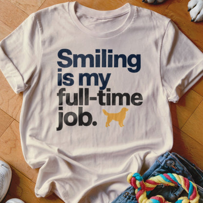 Cream t-shirt with "Smiling is my full-time job" text and yellow dog silhouette.