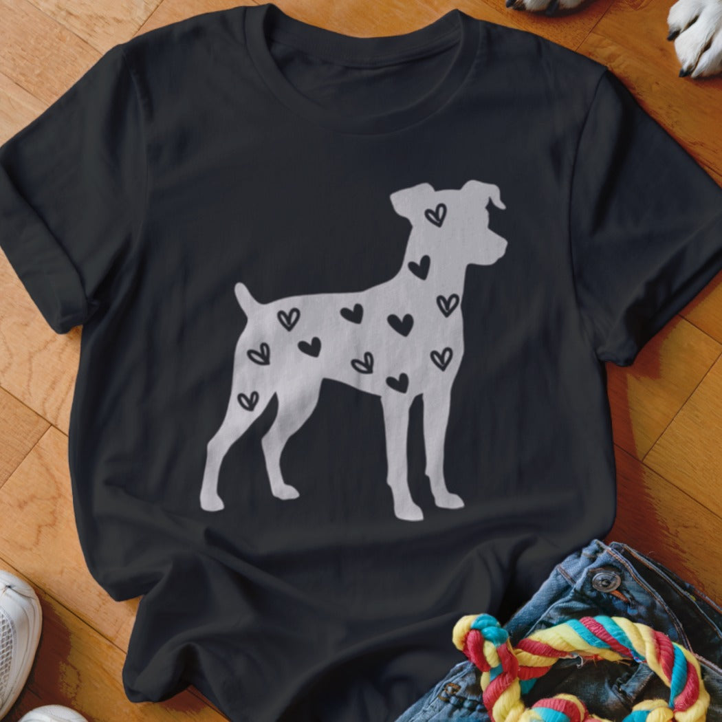 Black t-shirt with a white dog silhouette filled with small black hearts.