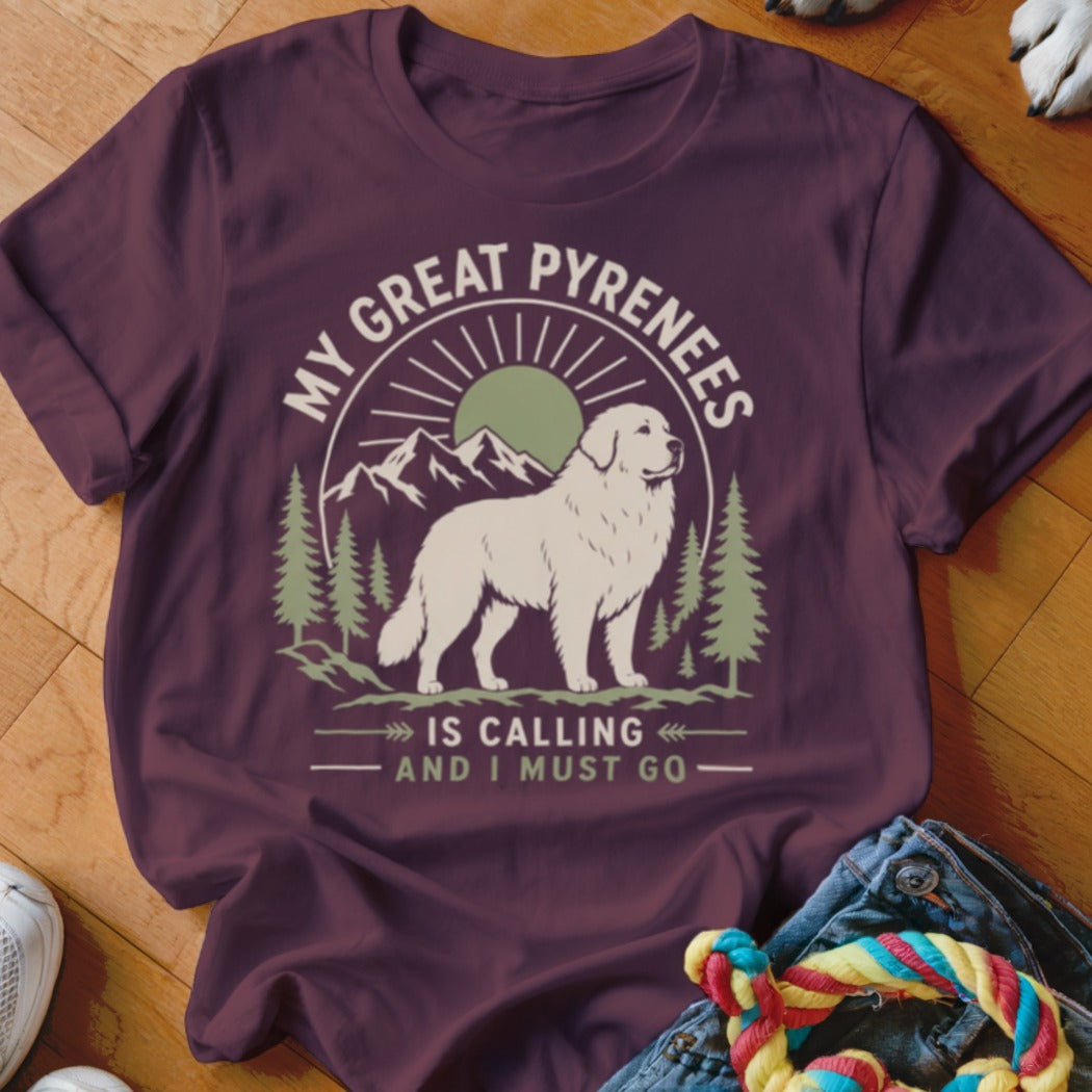 Great Pyrenees dog in nature scene with mountains, trees, and text "MY GREAT PYRENEES IS CALLING AND I MUST GO."