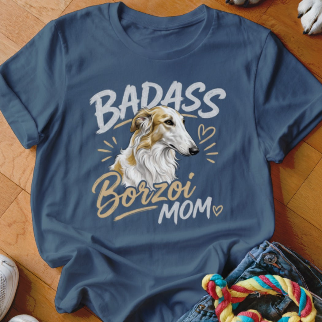 Dark blue t-shirt featuring a graphic of a Borziodog and the text Badass Borzoi Mom.
