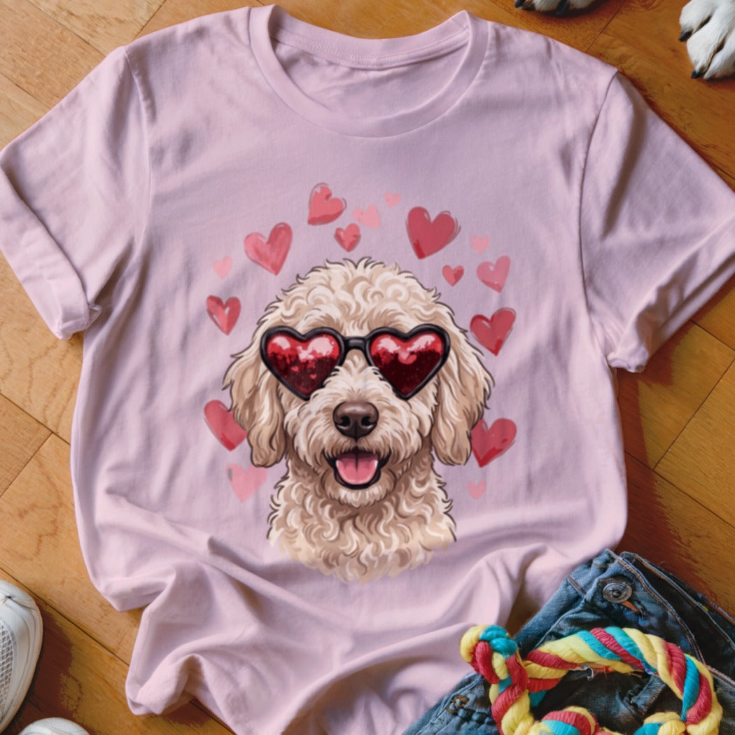 Light pink t-shirt featuring a graphic of a fluffy dog wearing heart-shaped sunglasses surrounded by floating hearts.