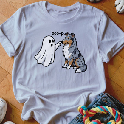 White t-shirt with ghost and dog illustration saying "boo-p".