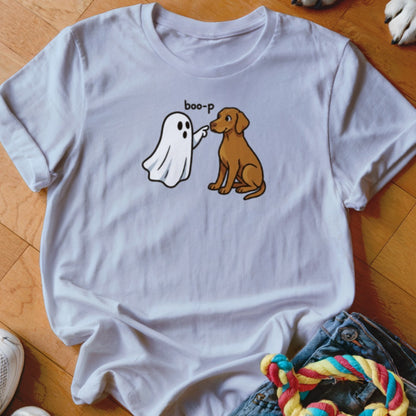 White t-shirt with cartoon ghost and dog with "boo-p" text.