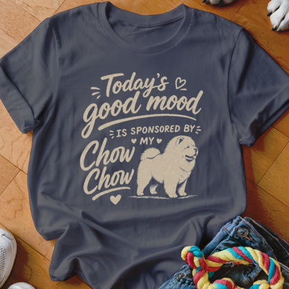 Dark blue t-shirt with "Today's good mood is sponsored by my Chow Chow" text and dog graphic.