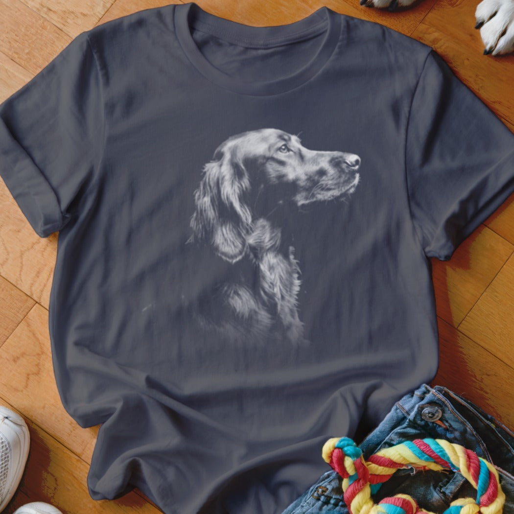 Dark grey t-shirt with a sketch of a dark-haired dog's head in profile.
