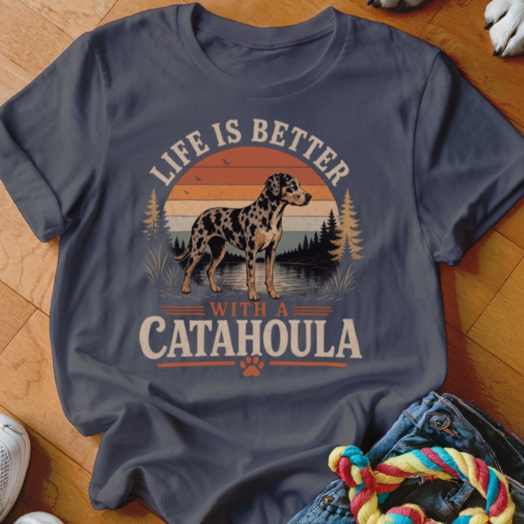 Catahoula dog on shirt with text "Life is better with a Catahoula"