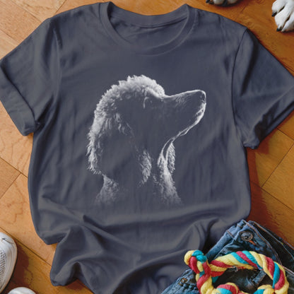 Dark gray t-shirt with a white silhouette outline of a poodle's head.