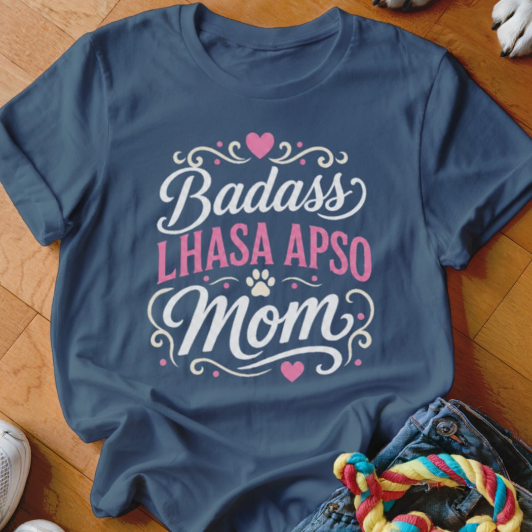 Dark blue t-shirt with "Badass Lhasa Apso Mom" text and decorative hearts.