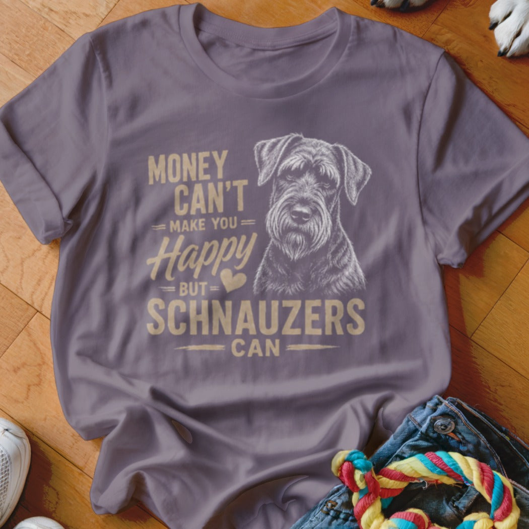 A purple t-shirt featuring a Schnauzer graphic and the text Money Can't Make You Happy But Schnauzers Can.