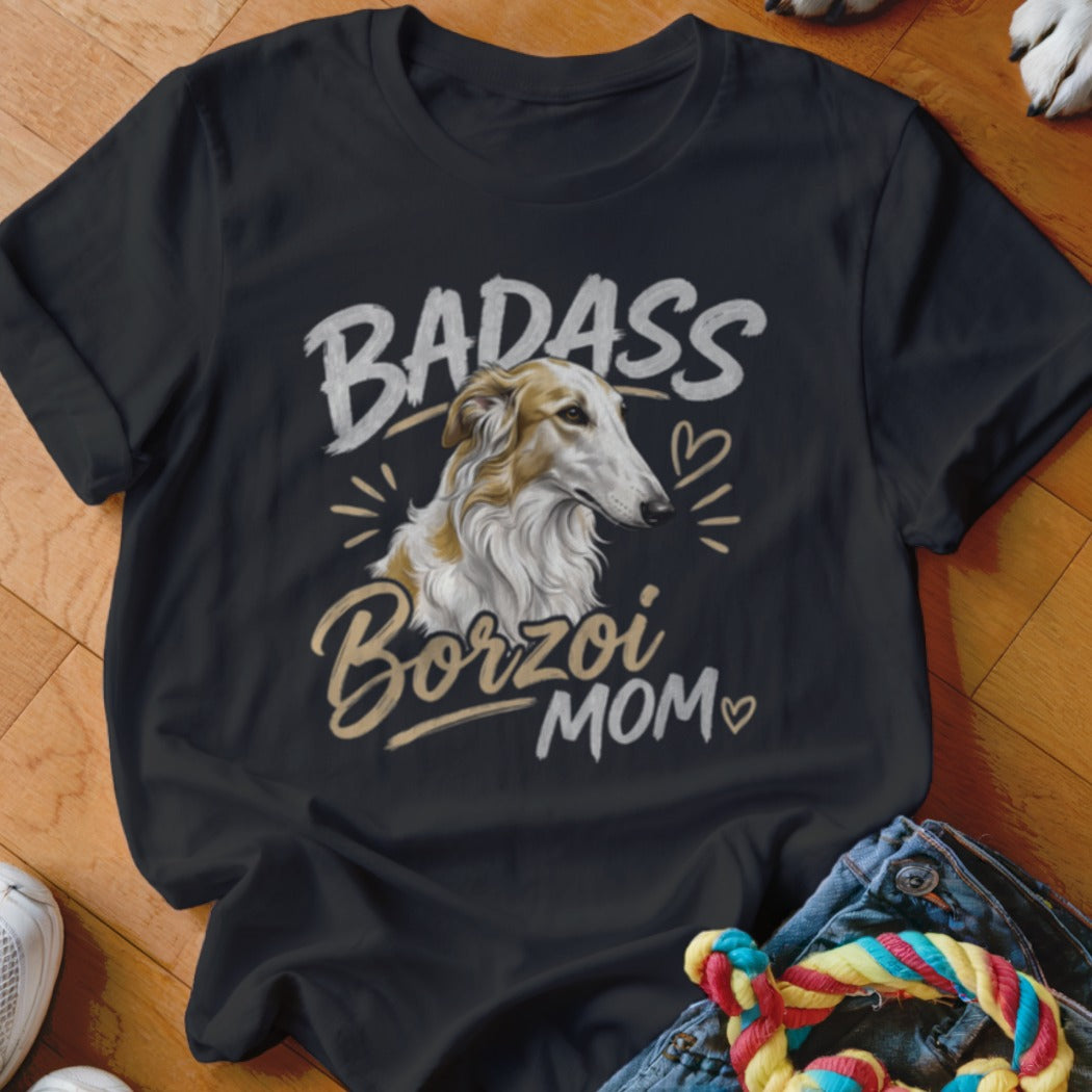 A black t-shirt with a graphic of a Borzori dog and the text "Badass Borzoi Mom".