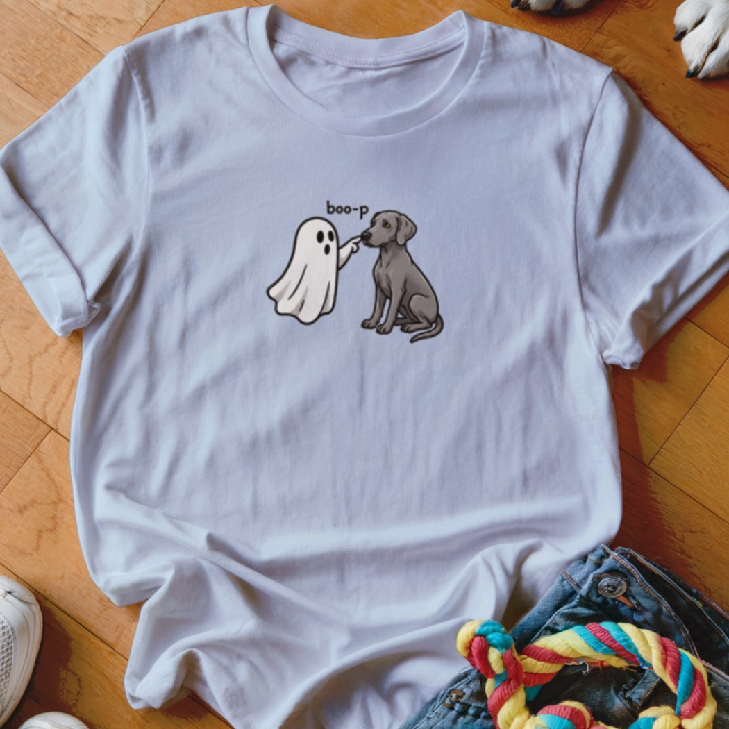 White t-shirt with a cartoon ghost booping a sitting dog, text "boo-p".