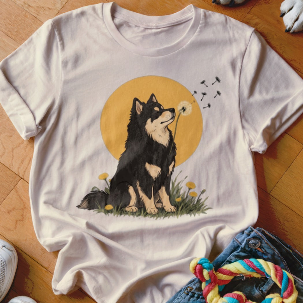 A light-colored t-shirt with a graphic of a black and tan dog blowing a dandelion against a yellow sun.