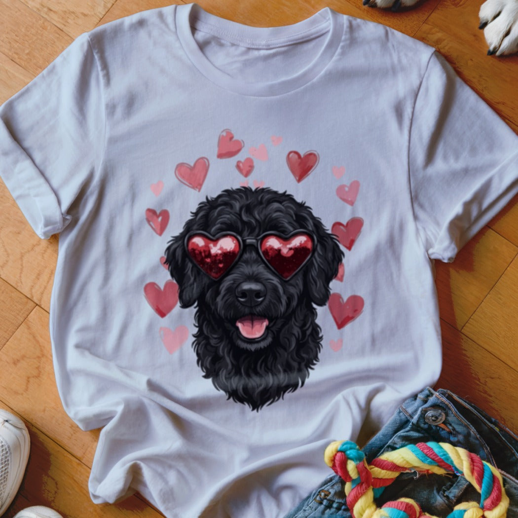 White t-shirt featuring a graphic of a black dog wearing heart-shaped sunglasses, surrounded by pink hearts.