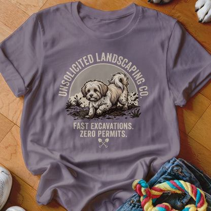 Purple t-shirt graphic featuring a dog digging with text "Unsolicited Landscaping Co." and "Fast Excavations. Zero Permits."