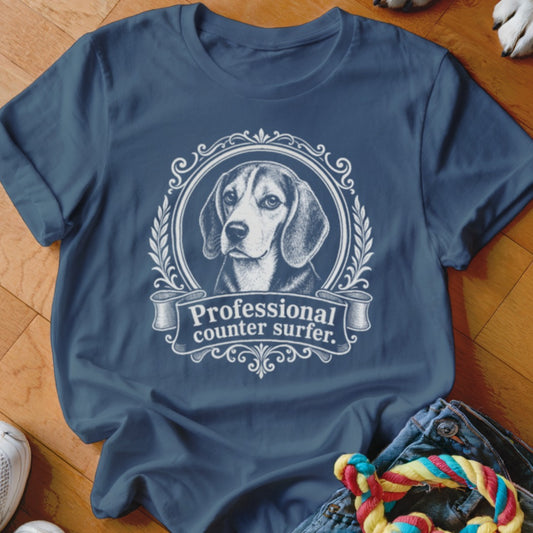 T-shirt with beagle portrait and text "Professional counter surfer."
