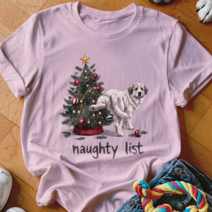 A light pink t-shirt featuring a dog peeing on a Christmas tree with the text naughty list.