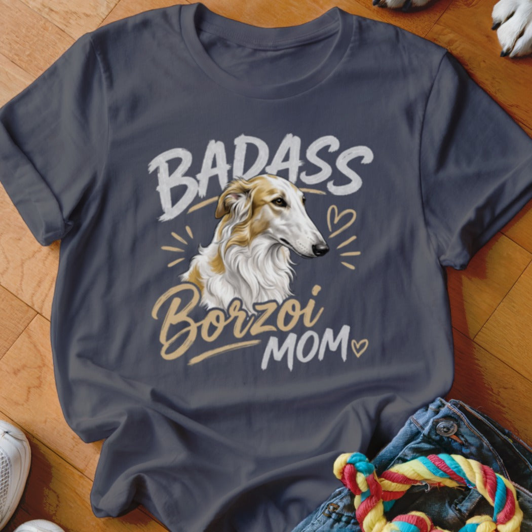 Dark gray t-shirt featuring a graphic of a Borzoi dog and the text "BADASS Borzoi MOM".