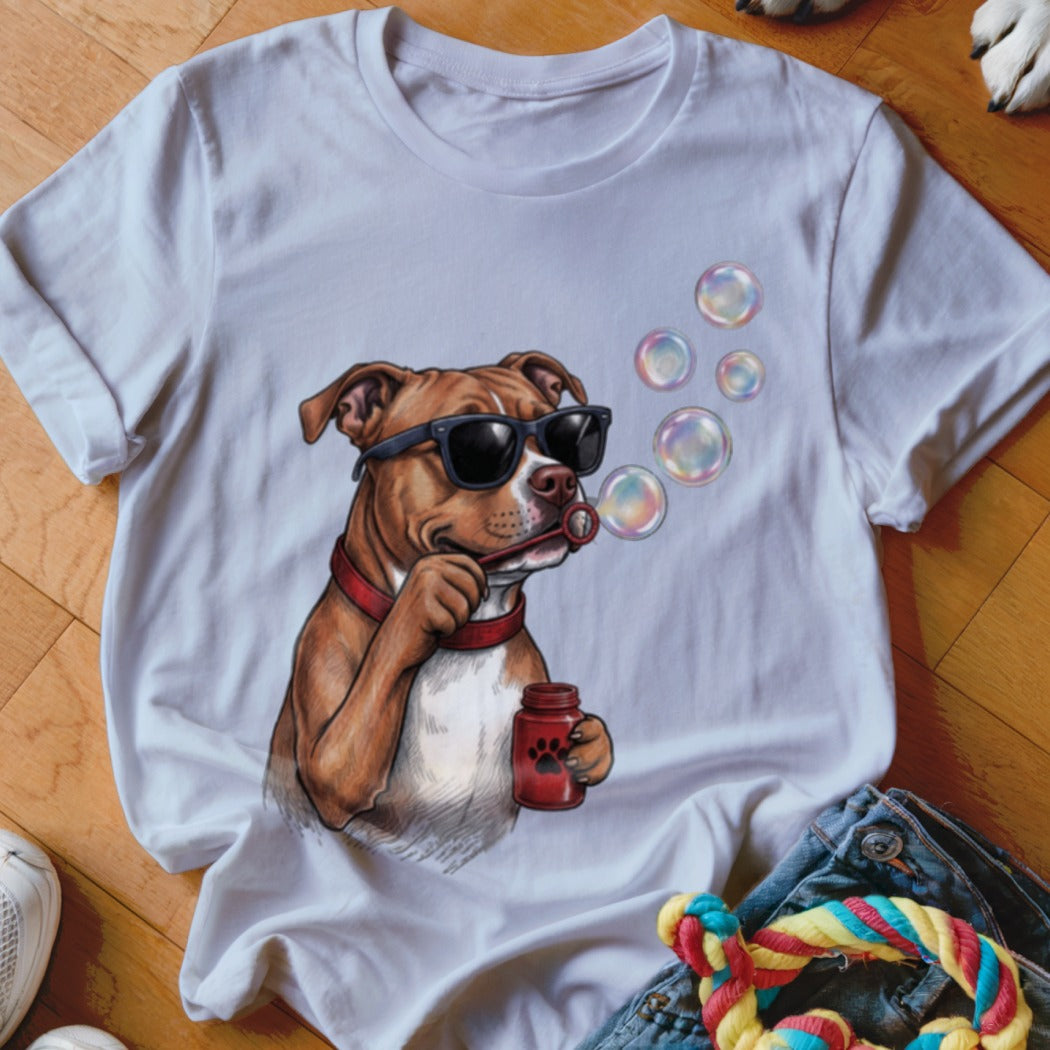 A white t-shirt featuring a graphic of a brown dog wearing sunglasses and blowing bubbles.