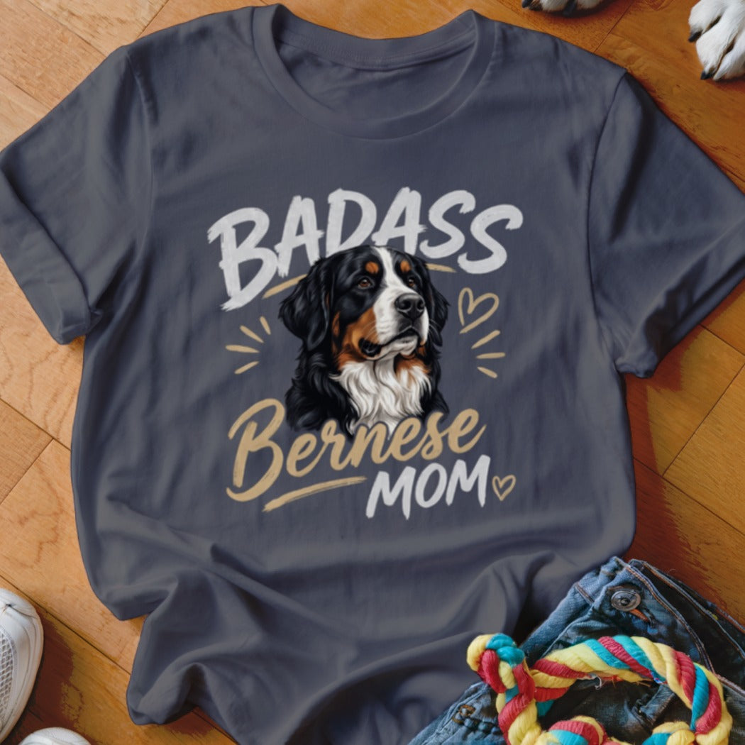 Charcoal gray t-shirt with a Bernese Mountain Dog graphic and the text Badass Bernese Mom.