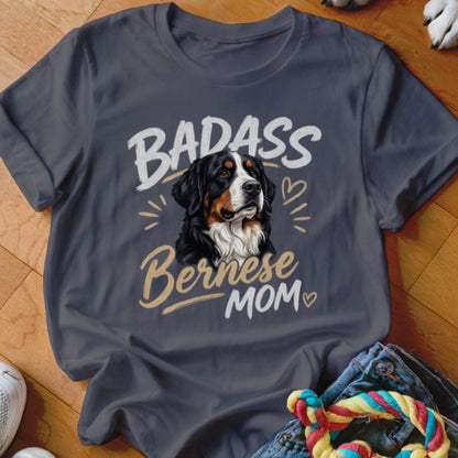 Charcoal gray t-shirt with a Bernese Mountain Dog graphic and the text Badass Bernese Mom.