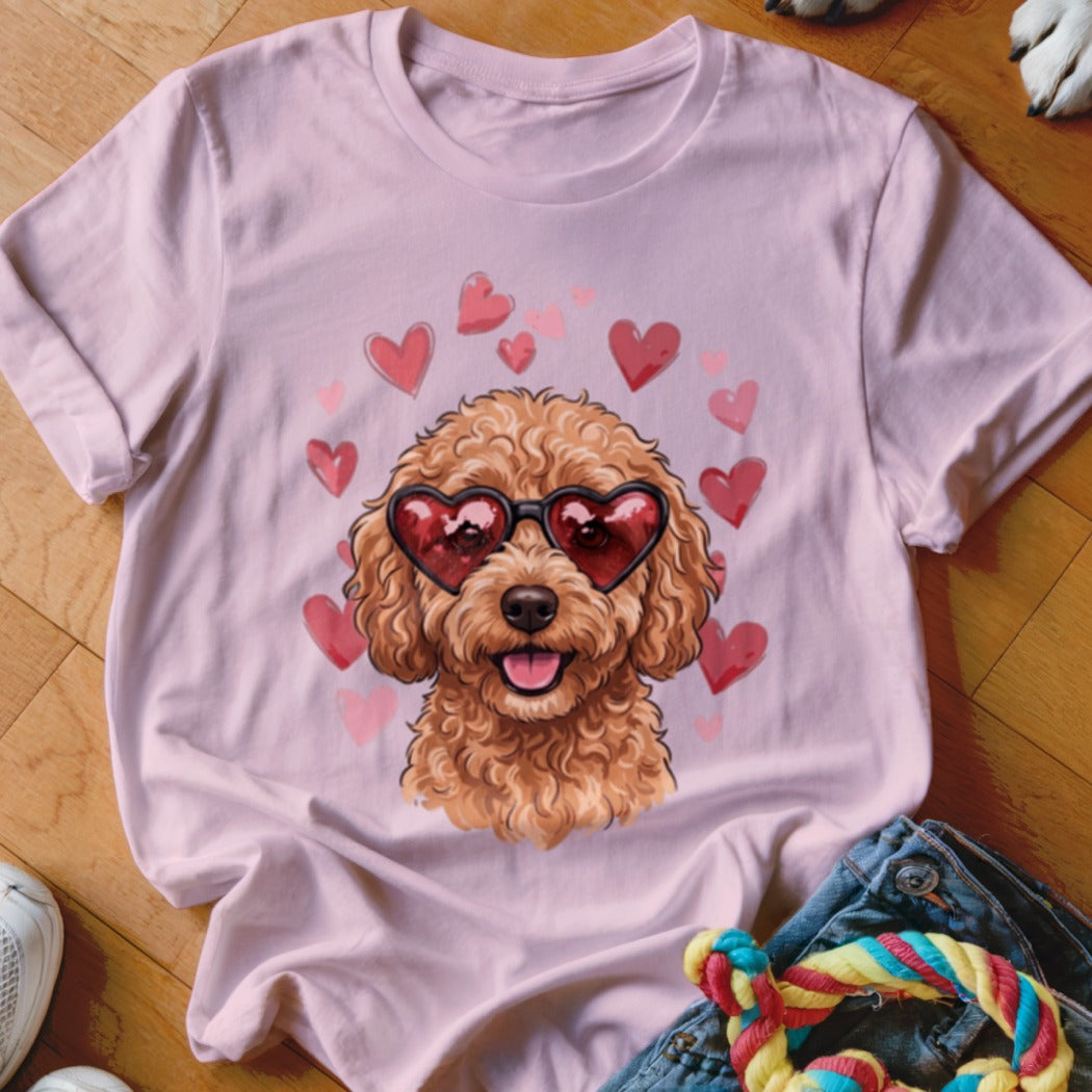 Light pink t-shirt featuring a curly-haired poodle wearing heart-shaped sunglasses surrounded by pink hearts.