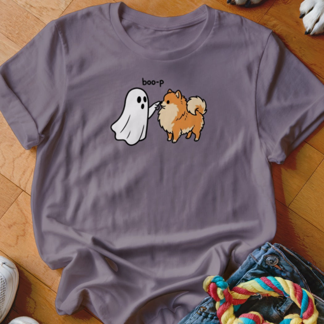 Gray t-shirt with a cartoon ghost booping a fluffy dog, text "boo-p".