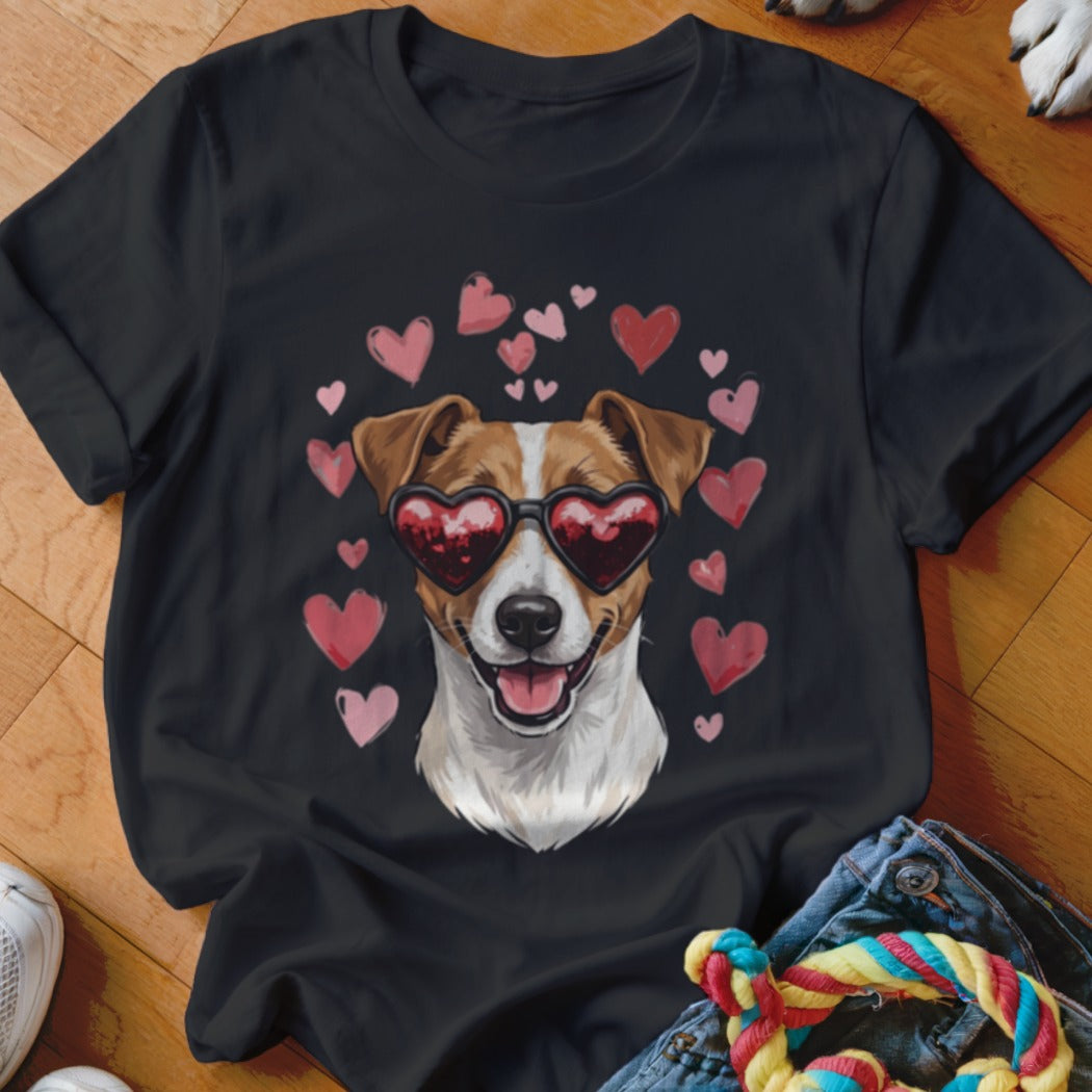 Black t-shirt featuring a graphic of a Jack Russell Terrier wearing heart-shaped sunglasses surrounded by pink hearts.