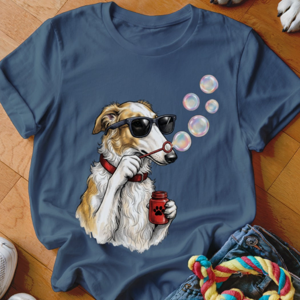 Blue crewneck t-shirt featuring an illustration of a borzoi dog wearing sunglasses and blowing bubbles.