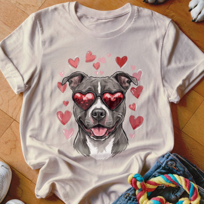 Beige crewneck t-shirt featuring an illustration of a gray dog wearing heart-shaped sunglasses surrounded by pink hearts.